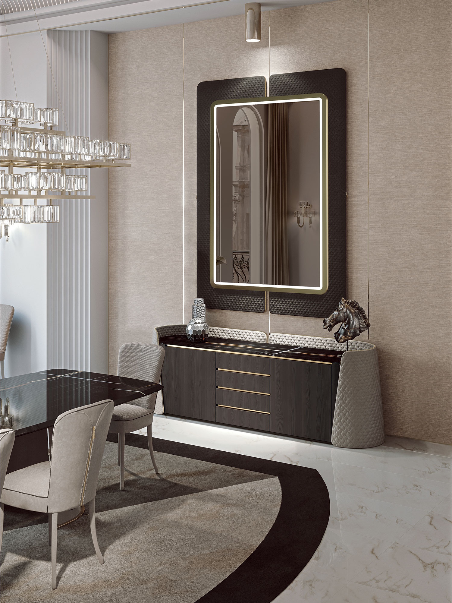 Contarini miroir par Vittoria Frigerio, cadre Bronze Patiné, revêtement tissu ou cuir et éclairage LED intégré. Disponible chez D-Style Interior.