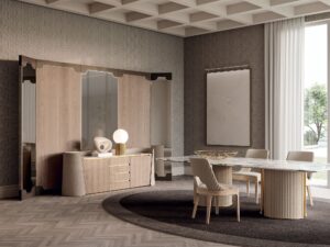 Contarini buffet par Vittoria Frigerio. Un meuble design haut de gamme avec marbre, finitions capitonnées ou embossées. Disponible chez D-Style Interior.