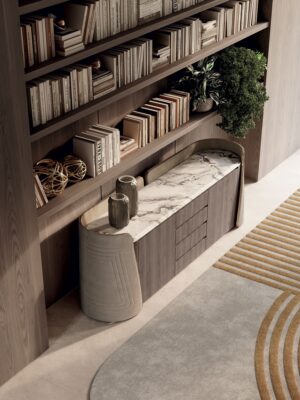 Contarini buffet par Vittoria Frigerio. Un meuble design haut de gamme avec marbre, finitions capitonnées ou embossées. Disponible chez D-Style Interior.