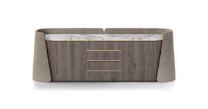 Contarini buffet par Vittoria Frigerio. Un meuble design haut de gamme avec marbre, finitions capitonnées ou embossées. Disponible chez D-Style Interior.