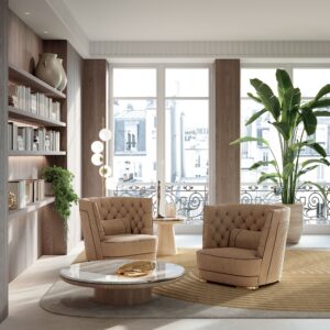 Greppi Capitonné fauteuil design haut de gamme par Vittoria Frigerio, avec dossier et accoudoirs capitonnés à la main. Disponible chez D-Style Interior.