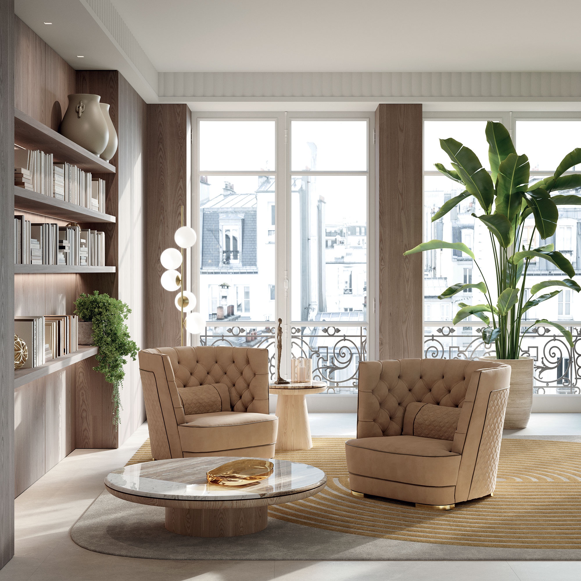 Greppi Capitonné fauteuil design haut de gamme par Vittoria Frigerio, avec dossier et accoudoirs capitonnés à la main. Disponible chez D-Style Interior.