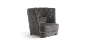 Greppi Capitonné fauteuil design haut de gamme par Vittoria Frigerio, avec dossier et accoudoirs capitonnés à la main. Disponible chez D-Style Interior.