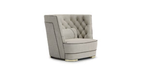 Greppi Capitonné fauteuil design haut de gamme par Vittoria Frigerio, avec dossier et accoudoirs capitonnés à la main. Disponible chez D-Style Interior.