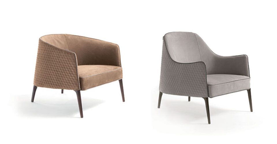 Poggi Bergère fauteuil de Vittoria Frigerio, au design fluide et capitonné, idéal pour un intérieur sophistiqué. Disponible chez D-Style Interior.