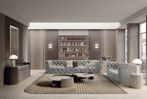 Contarini table basse de Vittoria Frigerio avec structure en cuir ou tissu, plateau en marbre et finitions haut de gamme. Disponible chez D-Style Interior.