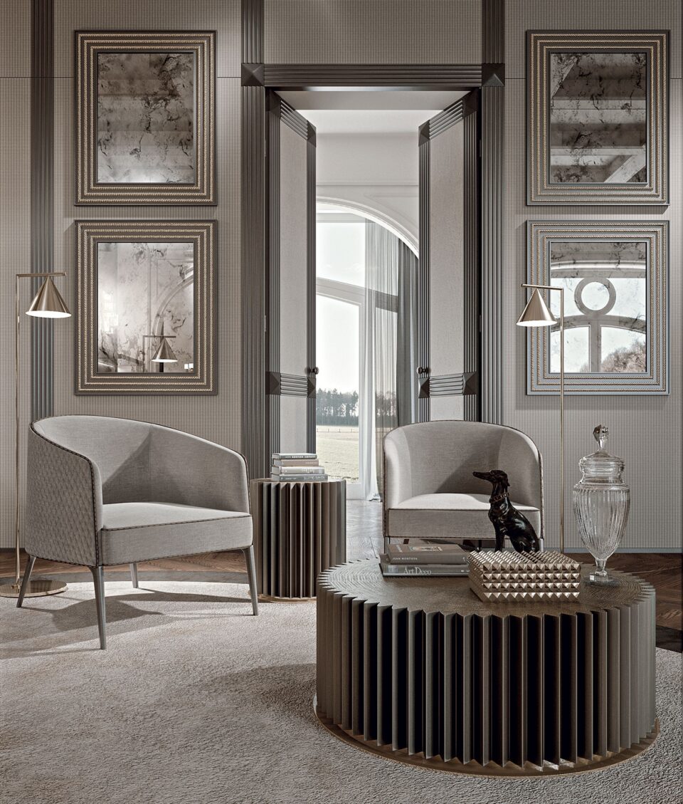 Poggi Bergère fauteuil de Vittoria Frigerio, au design fluide et capitonné, idéal pour un intérieur sophistiqué. Disponible chez D-Style Interior.