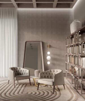 Poggi Capitonné Bergère fauteuil design haut de gamme par Vittoria Frigerio avec capitonnage et broderie raffinée. Disponible chez D-Style Interior.