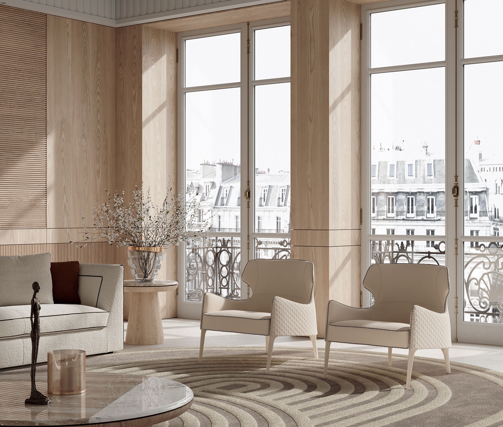 Piola Bergère fauteuil design haut de gamme par Vittoria Frigerio avec dossier aux ailes enveloppantes et capitonnage raffiné. Disponible chez D-Style Interior.