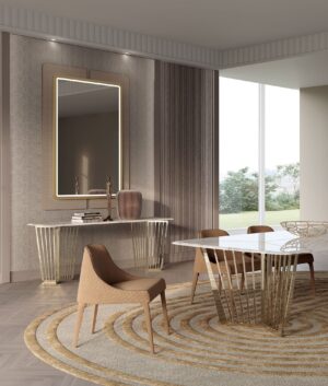 Poggi chaise design haut de gamme par Vittoria Frigerio, dossier matelassé avec logo VF et structure en bois massif. Disponible chez D-Style Interior.