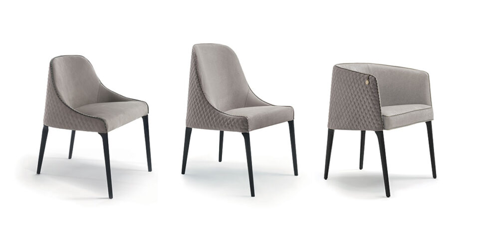 Poggi chaise design haut de gamme par Vittoria Frigerio, dossier matelassé avec logo VF et structure en bois massif. Disponible chez D-Style Interior.