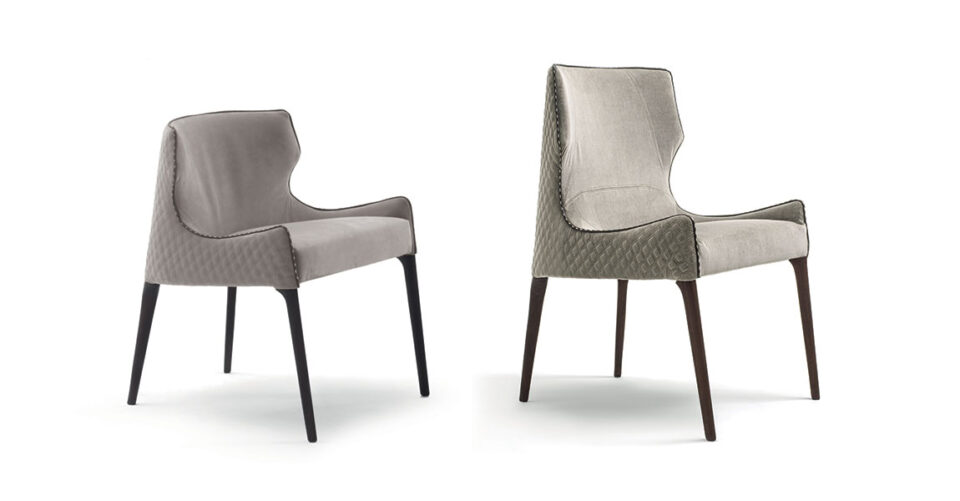 Piola chaise design haut de gamme par Vittoria Frigerio avec dossier bas ou haut, détails matelassés et pieds en bois massif. Disponible chez D-Style Interior.