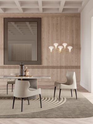 Piola chaise design haut de gamme par Vittoria Frigerio avec dossier bas ou haut, détails matelassés et pieds en bois massif. Disponible chez D-Style Interior.