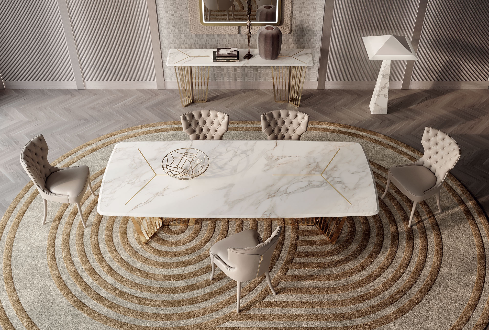 Alfieri console haut de gamme par Vittoria Frigerio avec base métallique sculpturale et plateau en marbre élégant. Disponible chez D-Style Interior.