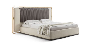 Lario lit design haut de gamme par Vittoria Frigerio avec tête de lit encadrée, panneau suspendu et finitions luxueuses. Disponible chez D-Style Interior.