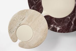 Leni table basse design en bois laqué brillant et marbre par Vittoria Frigerio. Élégante, contemporaine et personnalisable. Disponible chez D-Style Interior.