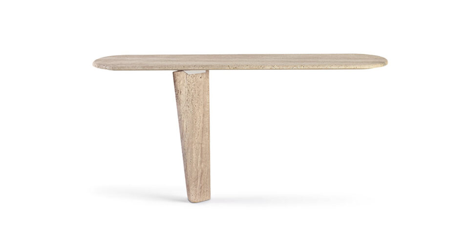 Monroy Console en marbre avec insert métallique contrasté, silhouette asymétrique et fixation murale. Disponible chez D-Style Interior.