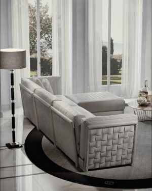 Durini Lux canapé design haut de gamme par Vittoria Frigerio, un canapé modulable aux lignes géométriques et tressage artisanal unique. Disponible chez D-Style Interior.