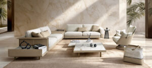 Vincent Canapé design haut de gamme par Gamma Arredamenti avec options bibliothèque ou table d’appoint intégrées. Disponible chez D-Style Interior.