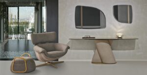 Venus console de Gamma Arredamenti. Base en cuir, plateau en marbre ou céramique, design contemporain et finitions personnalisables. Disponible chez D-Style Interior.