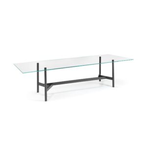 Table Agos design Fiam Italia en acier verni avec plateau en verre transparent