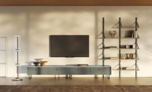 Oliver de Gamma Arredamenti, un meuble TV en cuir raffiné et personnalisable, alliant élégance, fonctionnalité et savoir-faire italien. Disponible chez D-Style Interior.