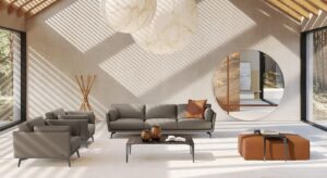 Zoom Miroir mural design haut de gamme avec ceinture en cuir personnalisable et finitions miroir fumé, bronze ou clair. Disponible chez D-Style Interior.