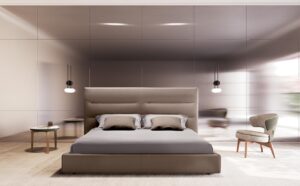 Sayonara Night Lit en cuir haut de gamme au design moderne et épuré, avec tête de lit disponible en deux hauteurs. Disponible chez D-Style Interior.