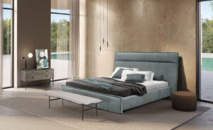 Flamingo Night Lit en cuir haut de gamme avec tête de lit haute, coutures contrastées et option de rangement. Élégant, confortable et disponible chez D-Style Interior.