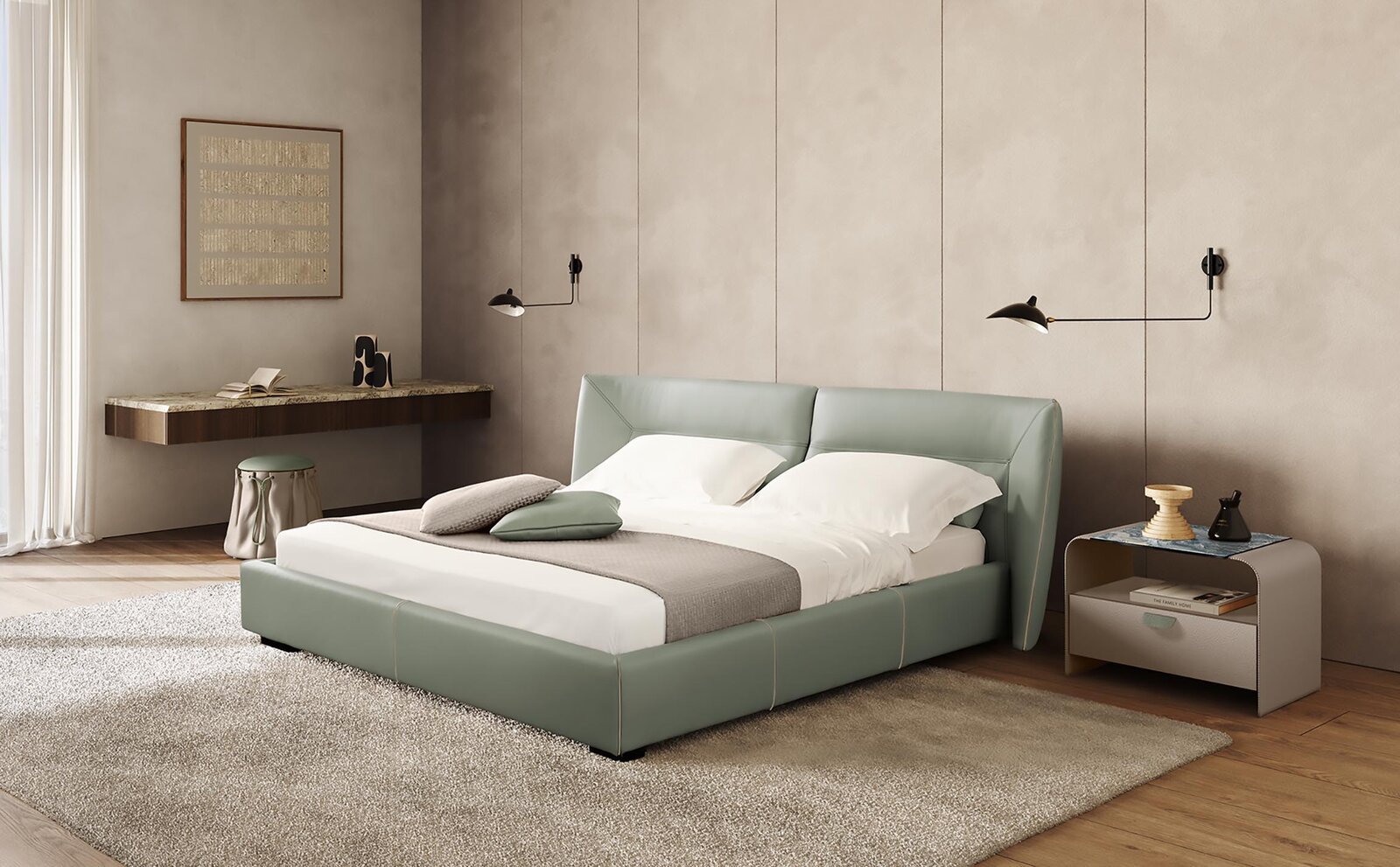 Tulip Night lit de Gamma Arredamenti, un modèle en cuir au design contemporain avec tête de lit incurvée et finitions personnalisables. Disponible chez D-Style Interior.