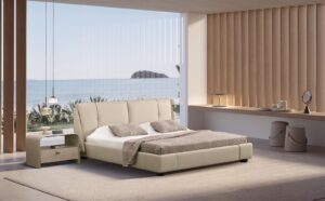 Yōko Night lit de Gamma Arredamenti, une création en cuir véritable avec tête de lit sculpturale et finitions personnalisables. Disponible chez D-Style Interior.