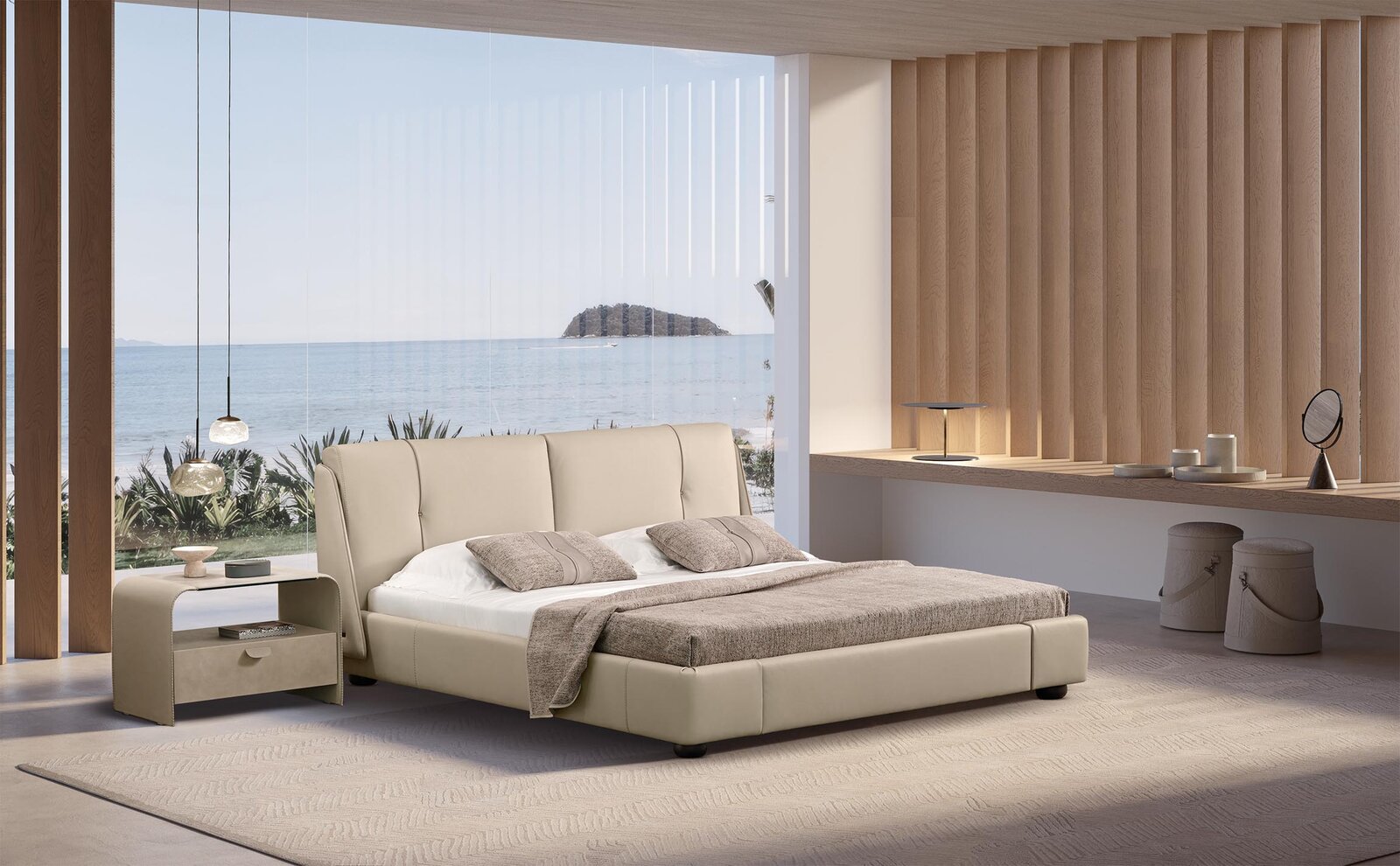 Yōko Night lit de Gamma Arredamenti, une création en cuir véritable avec tête de lit sculpturale et finitions personnalisables. Disponible chez D-Style Interior.