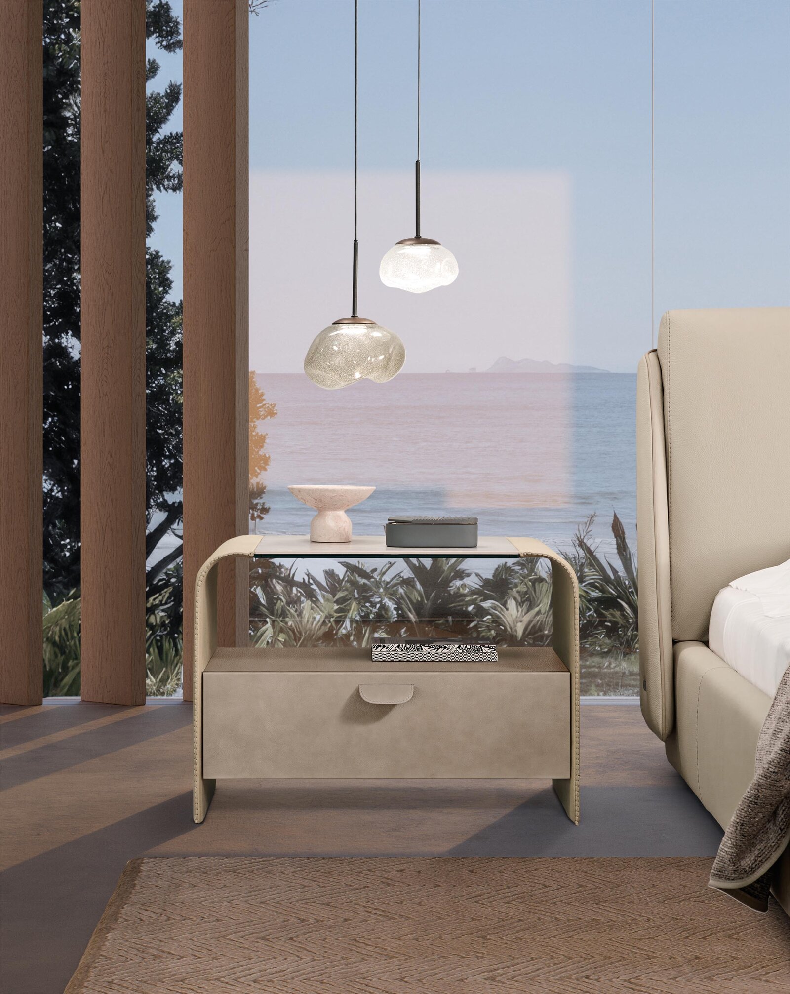 Yōko Night lit de Gamma Arredamenti, une création en cuir véritable avec tête de lit sculpturale et finitions personnalisables. Disponible chez D-Style Interior.