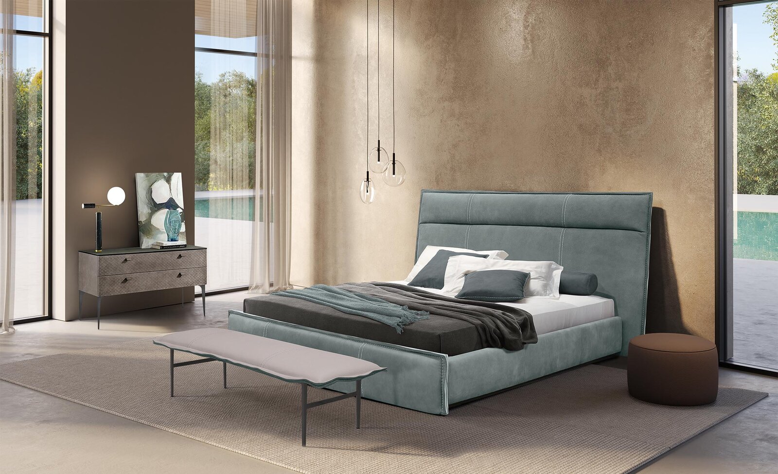 Nebula Buffet de Gamma Arredamenti, meuble design en cuir haut de gamme avec plateau personnalisable et piètement adaptable. Disponible chez D-Style Interior.