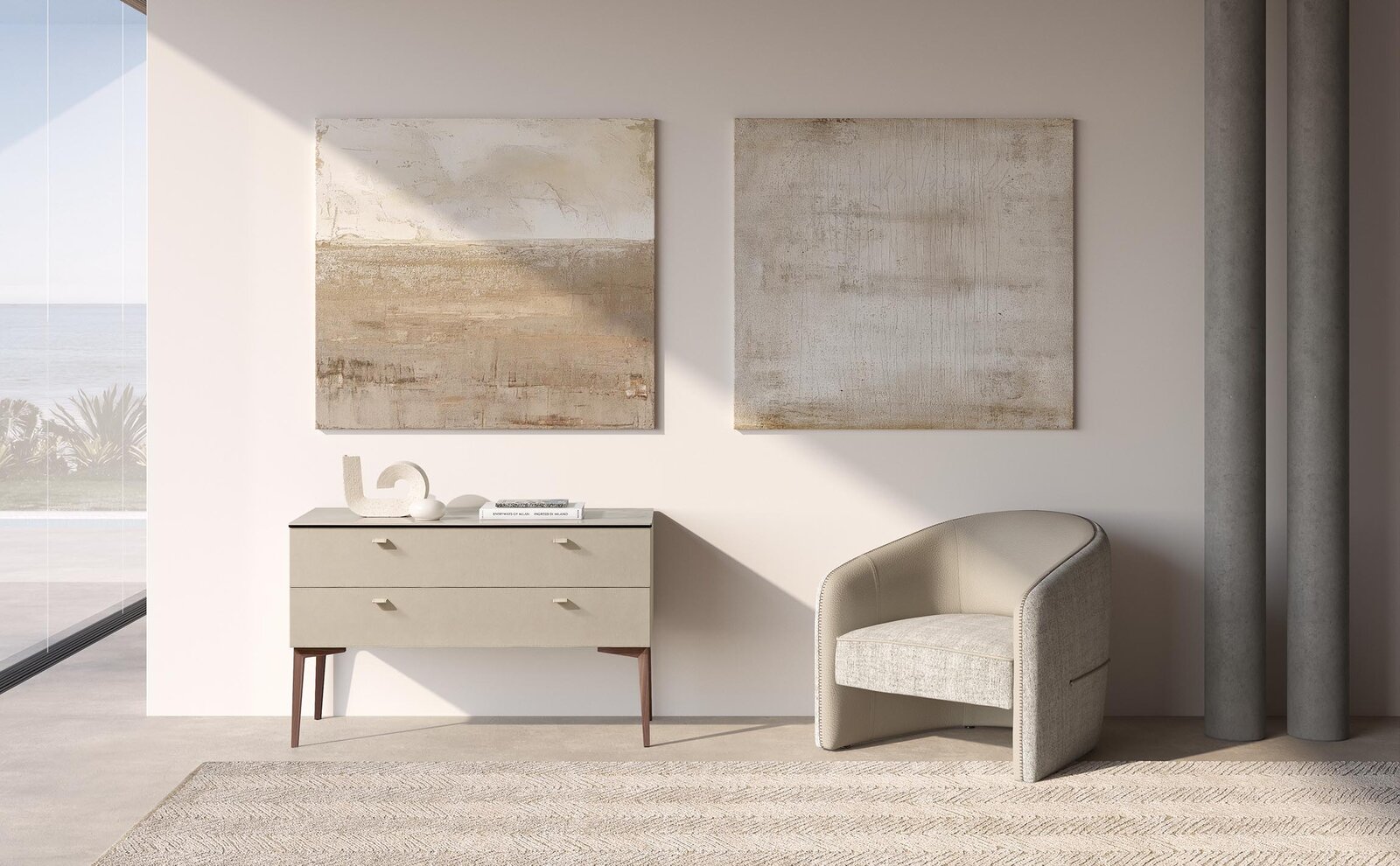 Nebula Buffet de Gamma Arredamenti, meuble design en cuir haut de gamme avec plateau personnalisable et piètement adaptable. Disponible chez D-Style Interior.