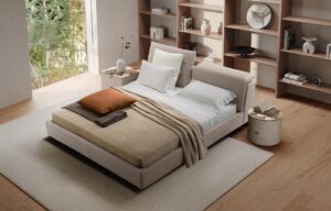 NOX table de chevet de Gamma Arredamenti, design moderne en cuir personnalisable avec plateau en verre, céramique ou marbre. Disponible chez D-Style Interior.