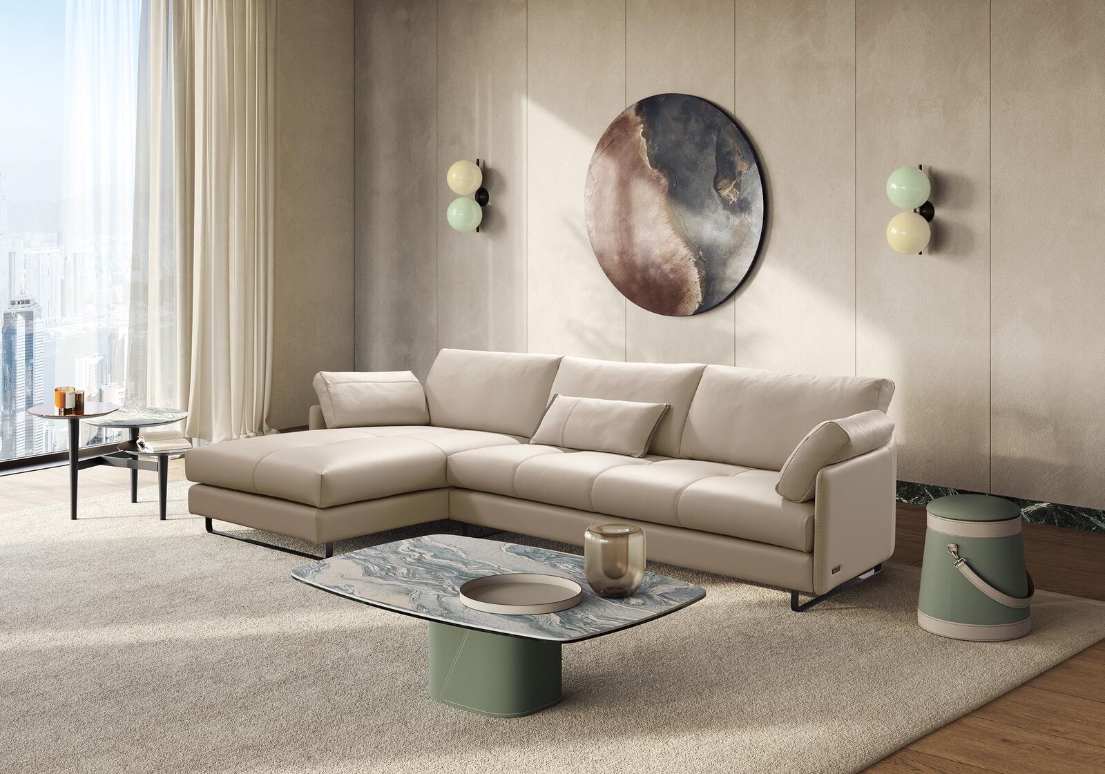 Block table basse de Gamma Arredamenti, un modèle haut de gamme en cuir avec plateau en verre, céramique ou marbre. Élégance italienne chez D-Style Interior.