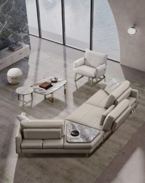 Fifty table basse design de Gamma Arredamenti allie élégance et modernité avec sa base en métal croisé et son détail en cuir. disponible chez D-Style Interior.