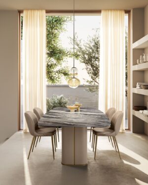 Milos table à manger de Gamma Arredamenti associe cuir, bois courbé et plateau en marbre, verre ou céramique. Élégance italienne disponible chez D-Style Interior.