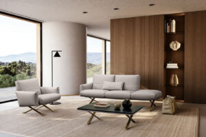 Rialto table basse de Gamma Arredamenti associe métal, verre fumé, céramique ou marbre dans un design léger et raffiné. Disponible chez D-Style Interior.