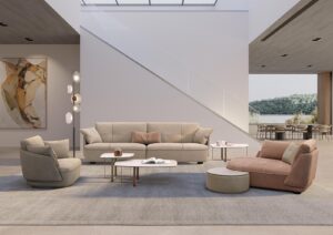 Space table basse de Gamma Arredamenti. Structure croisée en cuir et finitions personnalisables en céramique, marbre ou métal. Disponible chez D-Style Interior.