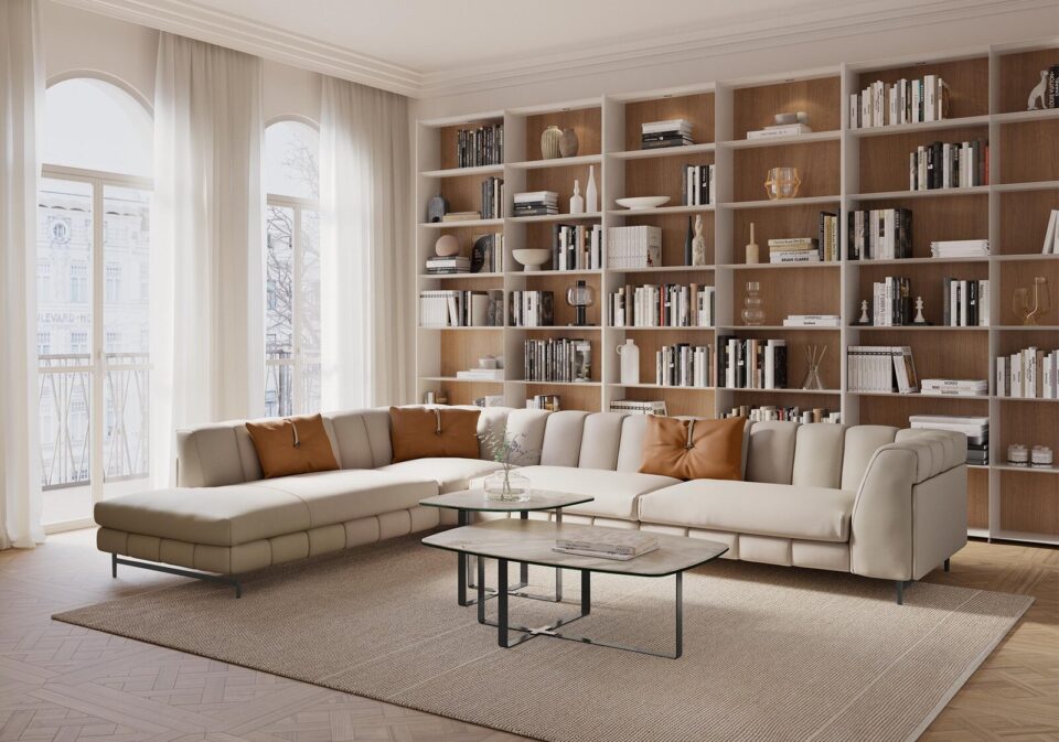 Space table basse de Gamma Arredamenti. Structure croisée en cuir et finitions personnalisables en céramique, marbre ou métal. Disponible chez D-Style Interior.