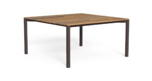 Table à manger Casilda 150x150 en acier et iroko avec inserts marbre, design contemporain Talenti