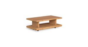 Table basse Elton double hauteur en bois d'Accoya et verre trempé, finitions naturelle ou palissandre