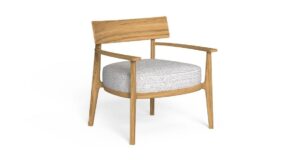 Fauteuil Ever en bois avec coussin rond, couleurs neutres pour extérieur