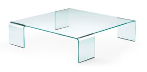 Table basse Neutra en verre cintré 12 mm, option extralight, vernis blanc ou noir dessous, par Rodolfo Dordoni