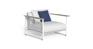 Fauteuil living Riviera avec assise profonde et accoudoirs en grès ou Accoya, aluminium, Talenti