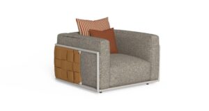 Fauteuil Tressé Talenti en éco-cuir avec structure aluminium, couleurs gris soie, boue et terre de Sienne