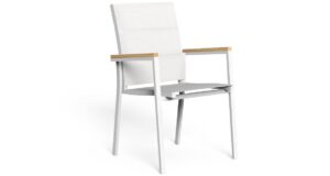 Fauteuil de repas Timber en aluminium, teck et textilène, couleurs blanc et tourterelle