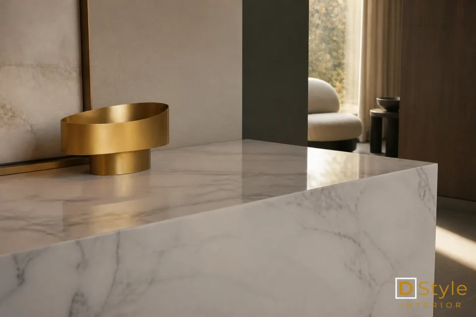 marbre décoration intérieur - plateau en marbre veiné et objet en laiton brossé